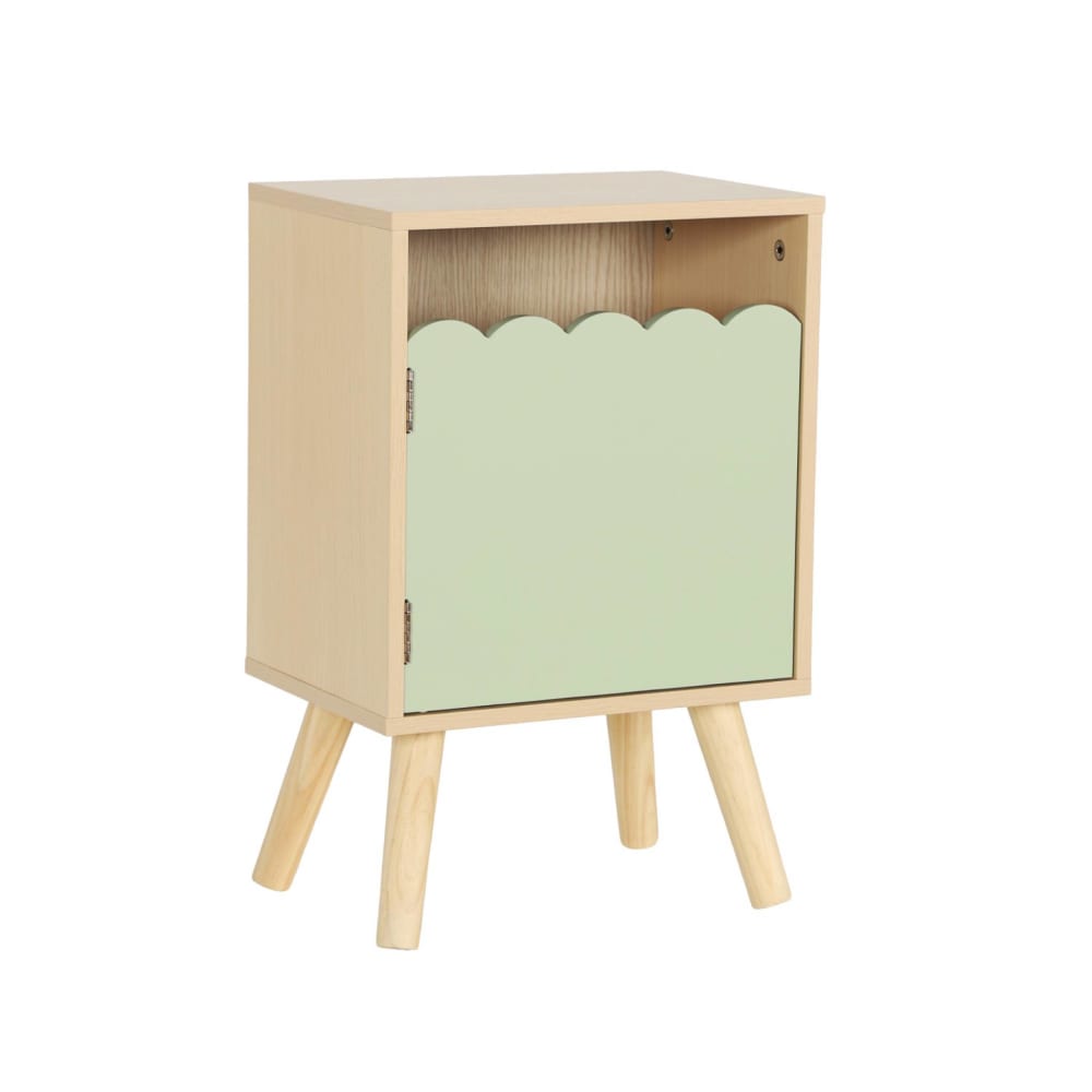 Table de chevet enfant décor bois vert 1 porte, pieds bois de pin