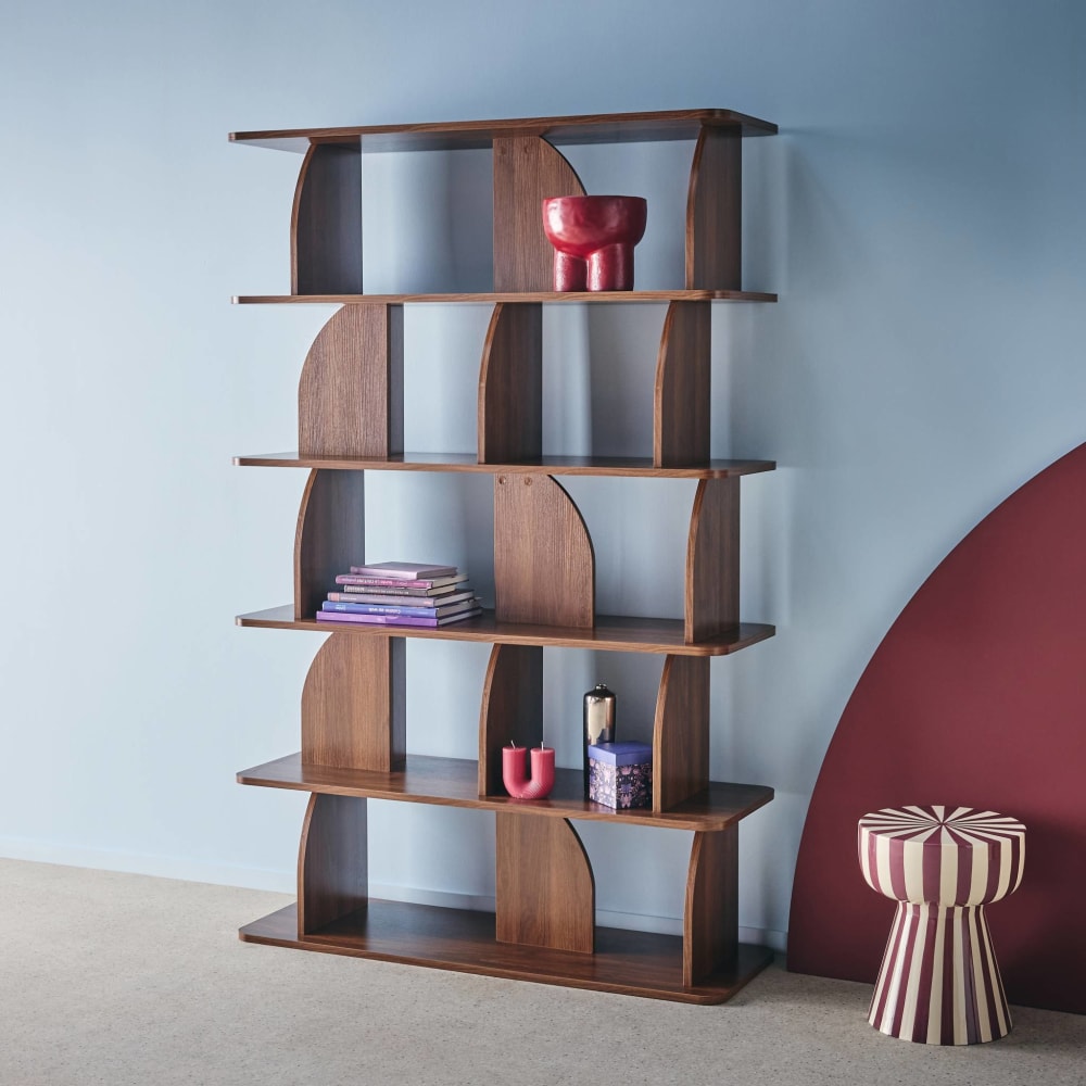 Etagère, bibliothèque exotique décor bois noyer 5 niveaux, séparateurs