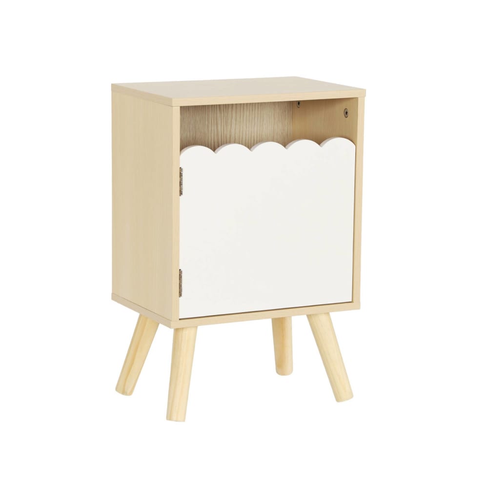 Table de chevet enfant décor bois blanc 1 porte, pieds bois de pin