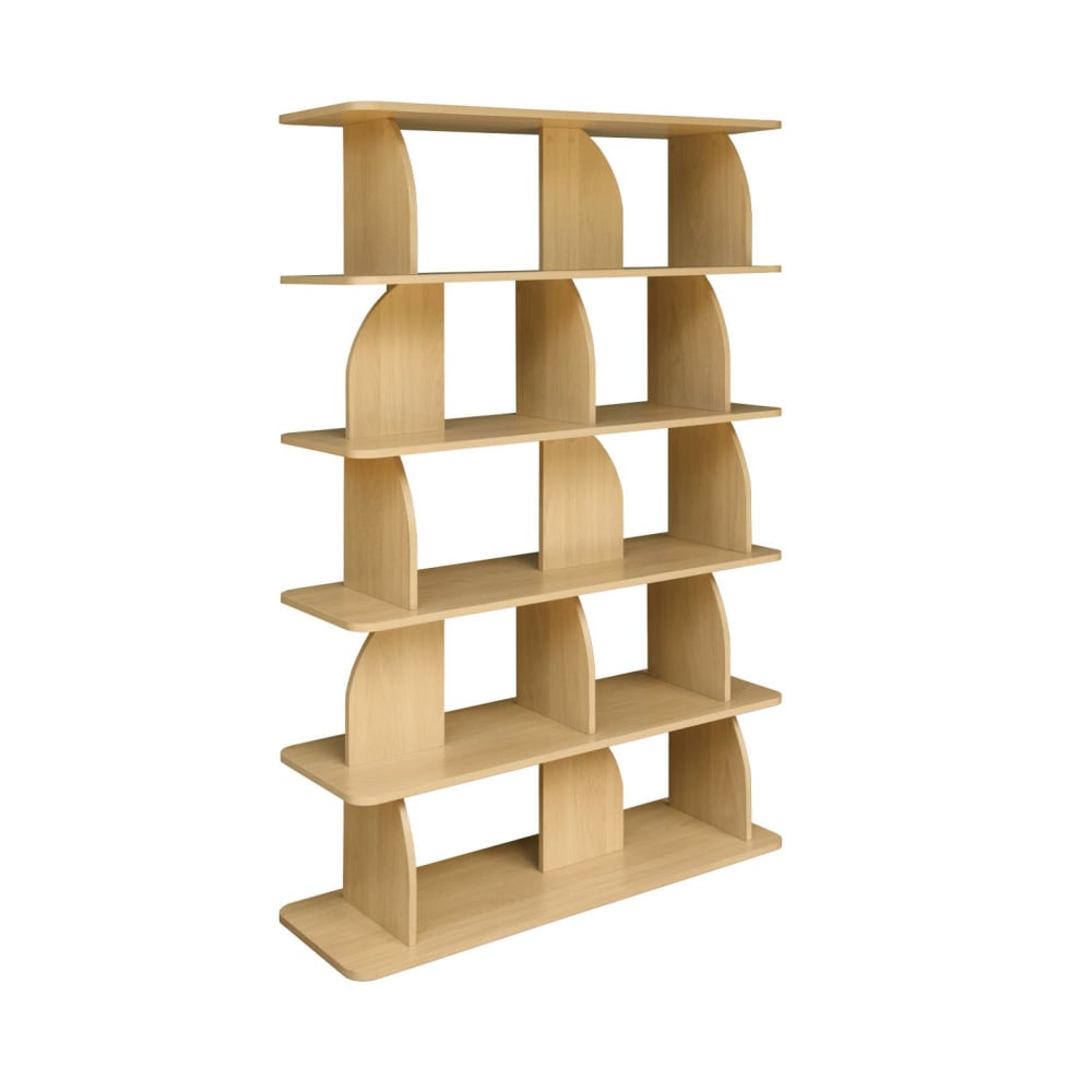 Etagère, bibliothèque exotique décor bois chêne 5 niveaux, séparateurs