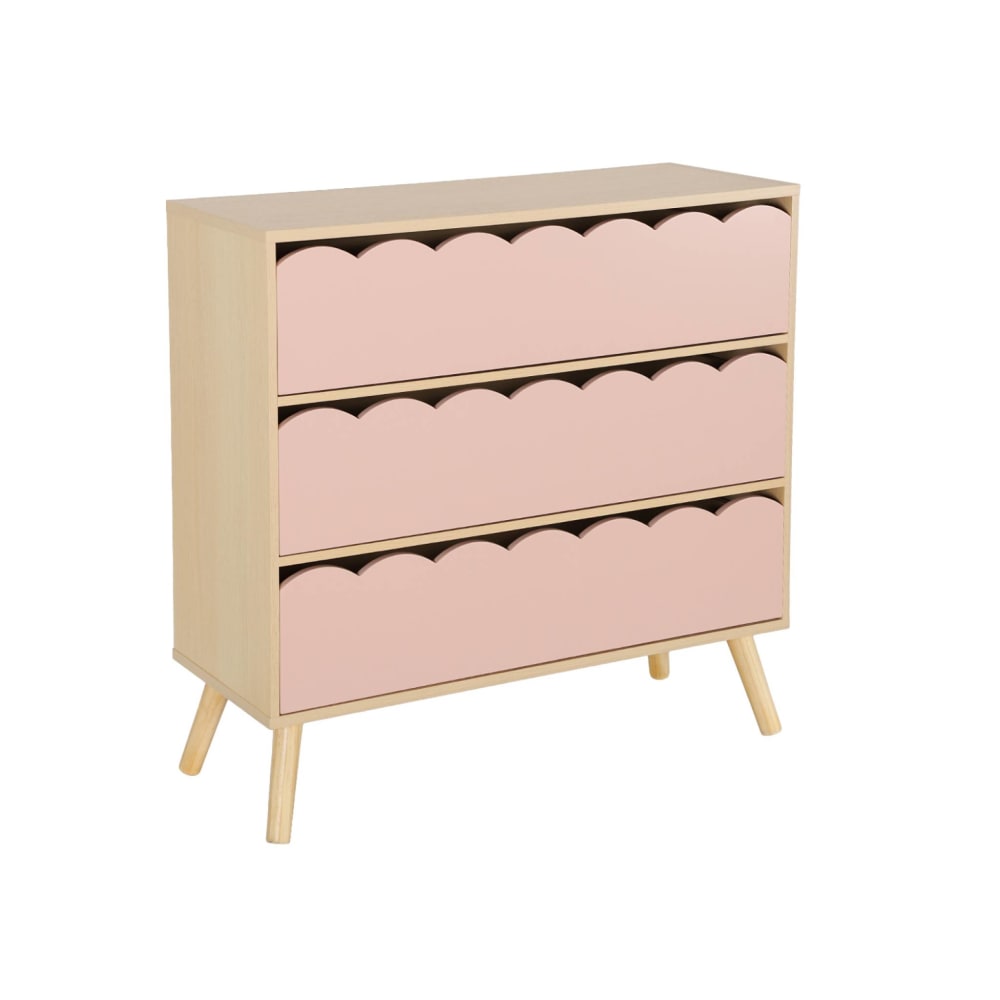 Commode enfant décor bois rose 3 tiroirs, pieds bois de pin