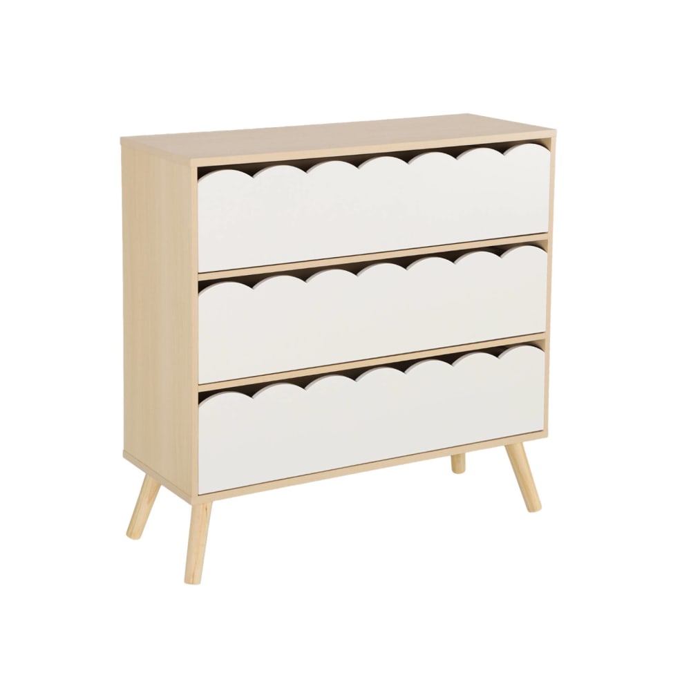 Commode enfant décor bois blanc 3 tiroirs, pieds bois de pin