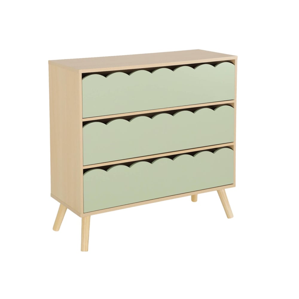 Commode enfant décor bois vert 3 tiroirs, pieds bois de pin