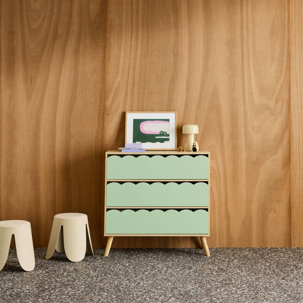 Commode enfant décor bois vert 3 tiroirs, pieds bois de pin