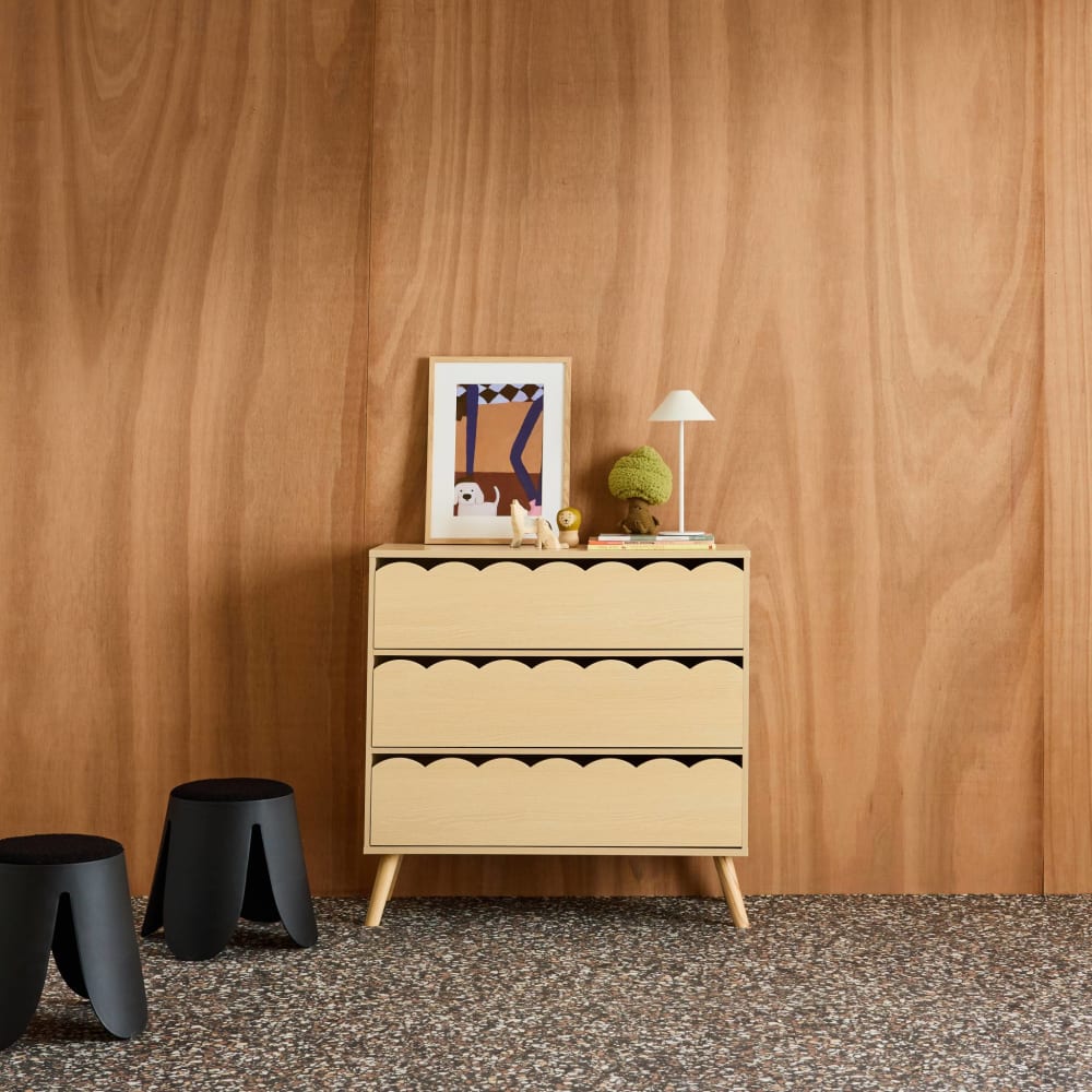 Commode enfant décor bois naturel 3 tiroirs, pieds bois de pin