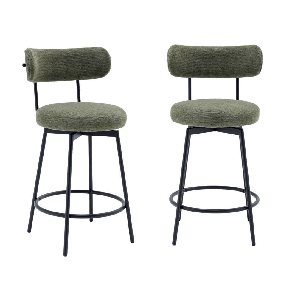 Tabouret de bar assise rotative métal noir et tissu vert (lot de 2)