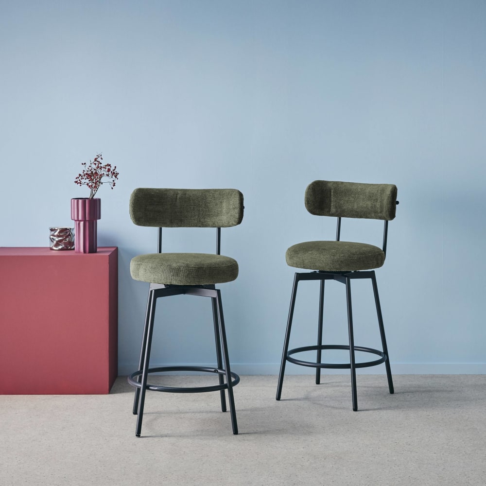 Tabouret de bar assise rotative métal noir et tissu vert (lot de 2)