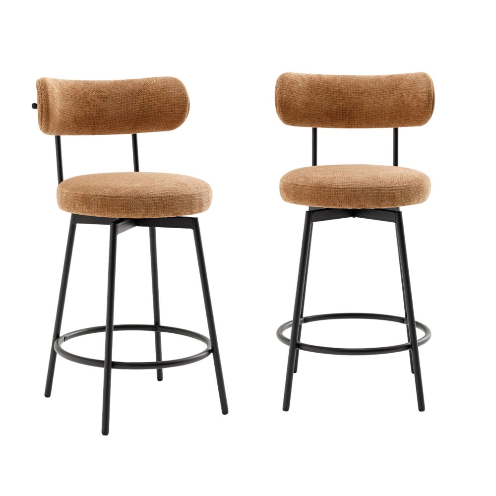 Tabouret de bar assise rotative métal noir et tissu camel (lot de 2)