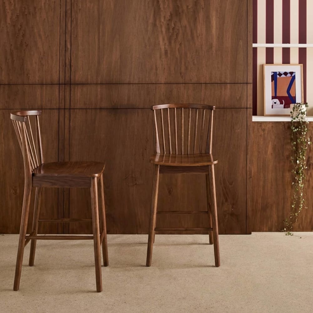 Tabouret de bar à barreaux bois d'hévéa et contreplaqué noyer (lot de