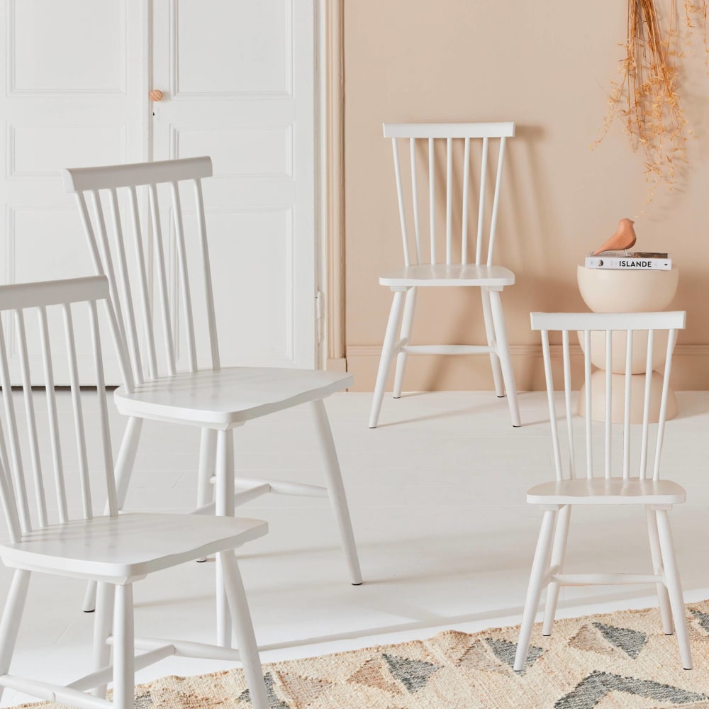 4er-Set Stühle weiß mit Streben aus Hevea-Holz - Maisons Du Monde