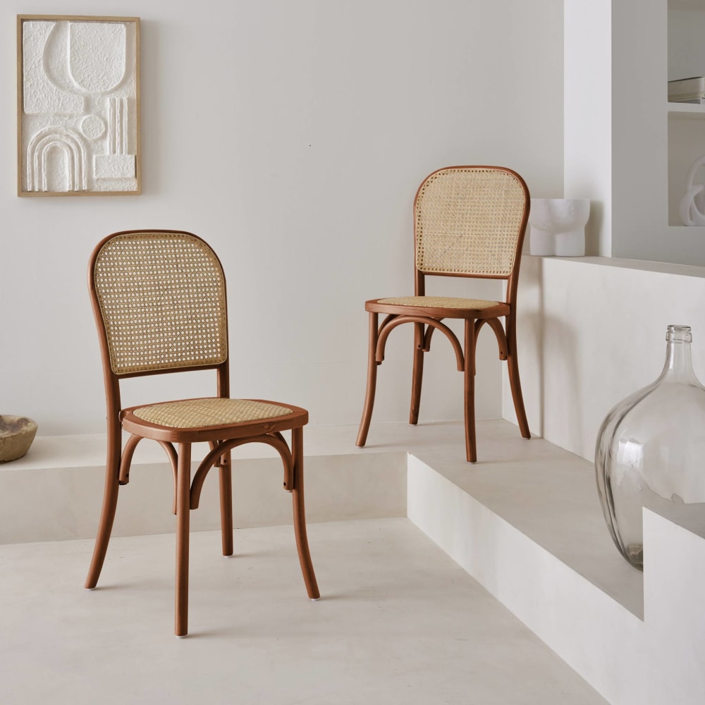 Chaise en bois effet noyer et rotin naturelles (lot de 2)