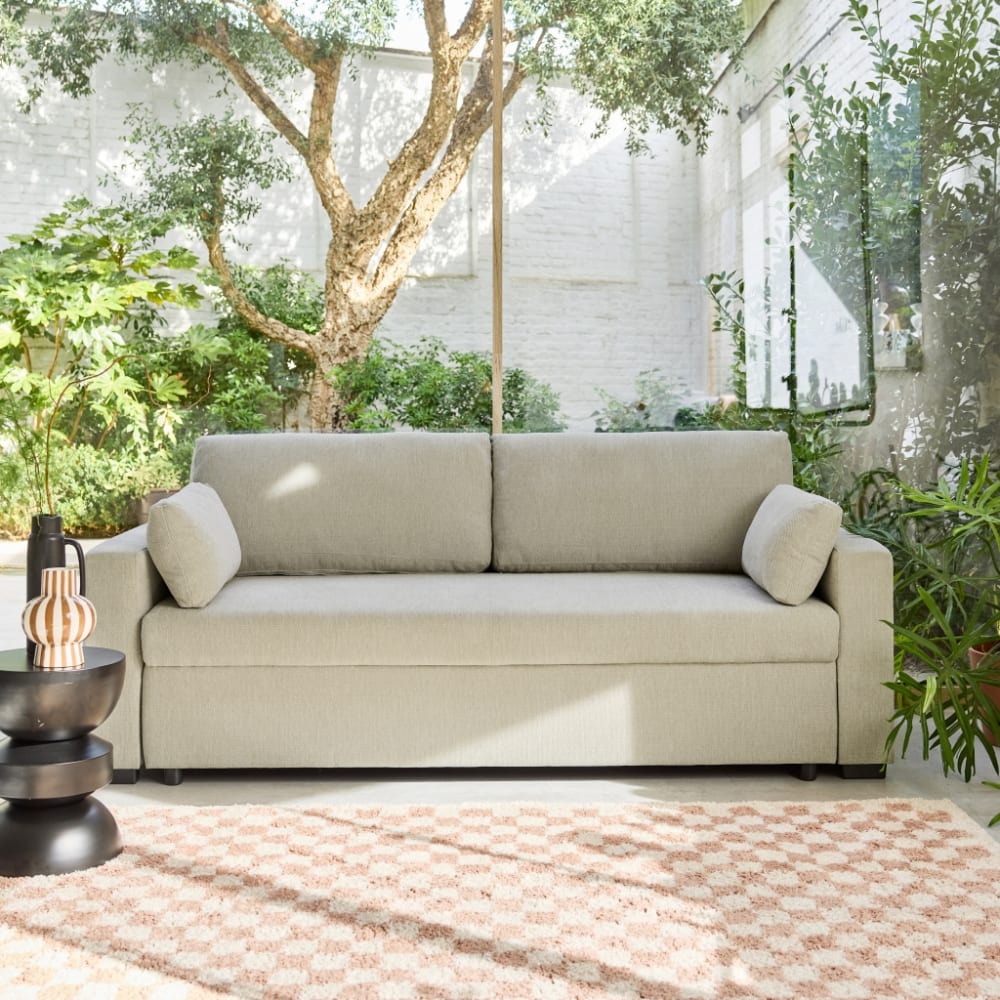 Canapé convertible 3 places tissu chenille beige
