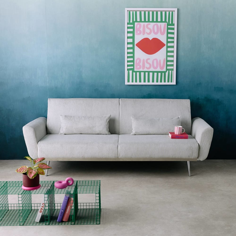 Canapé convertible 3 places velours côtelé gris clair pieds chromé