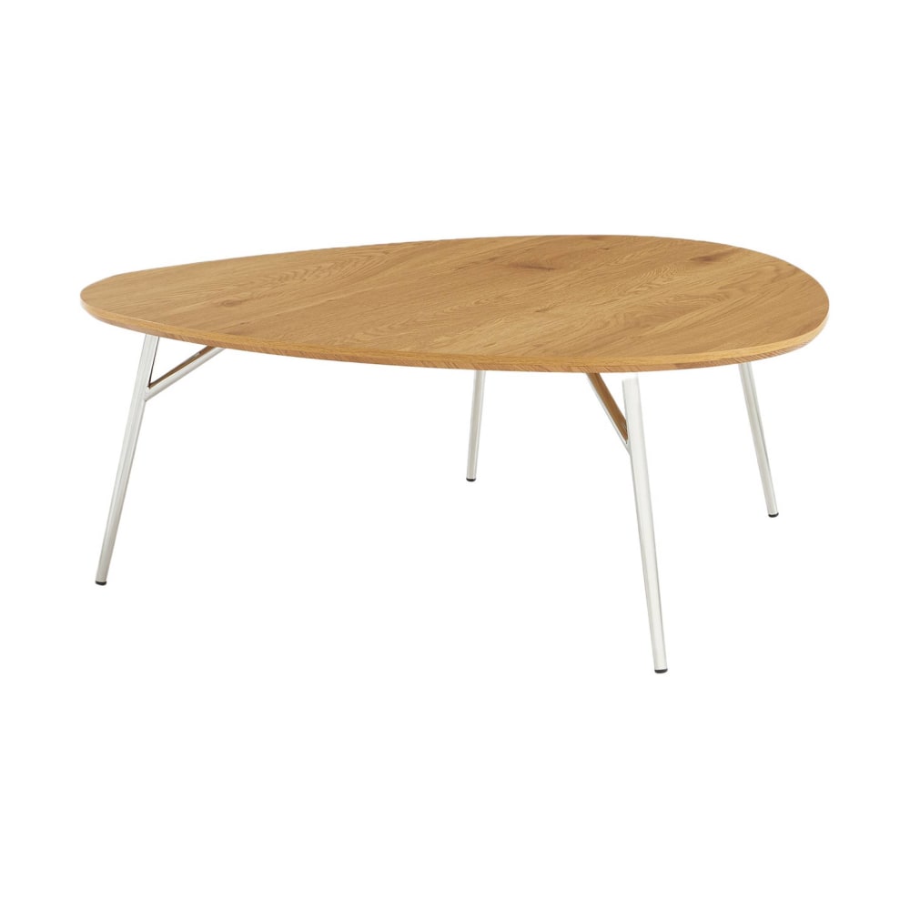 Table basse ovale pieds chromé et effet bois de chêne
