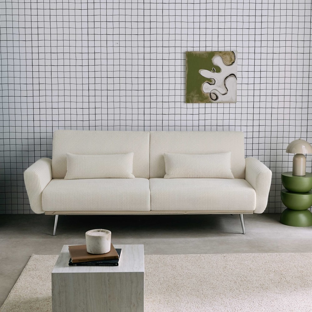 Canapé convertible 3 places velours côtelé blanc pieds chromé