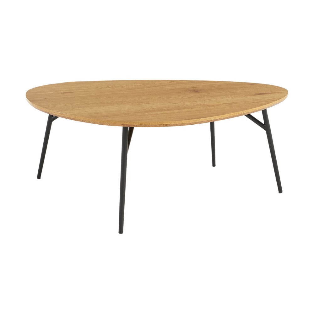 Table basse triangulaire pieds métal noirs et effet chêne