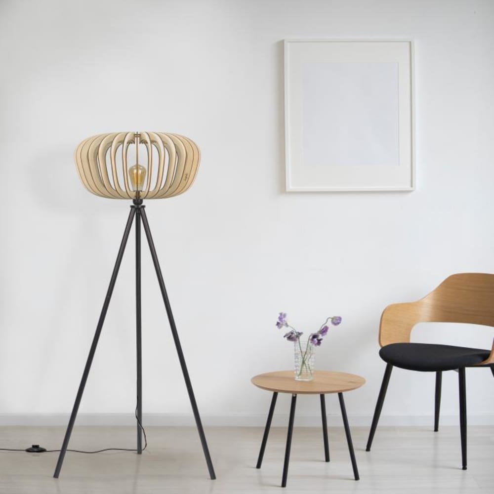 Lampadaire trépied noir bois fsc h147cm bois