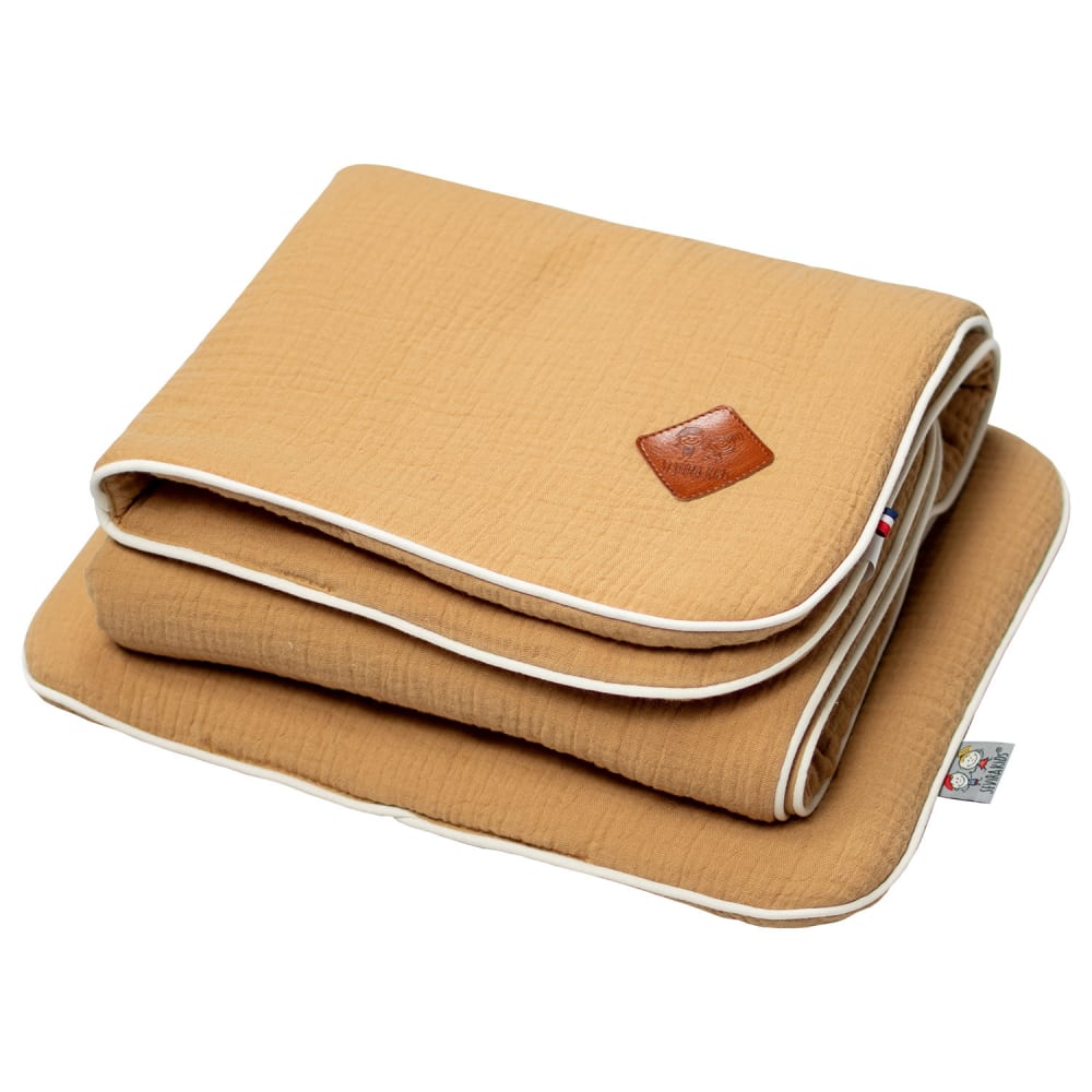 Set berceau coussin couverture bébé double gaze camel 50x70 cm