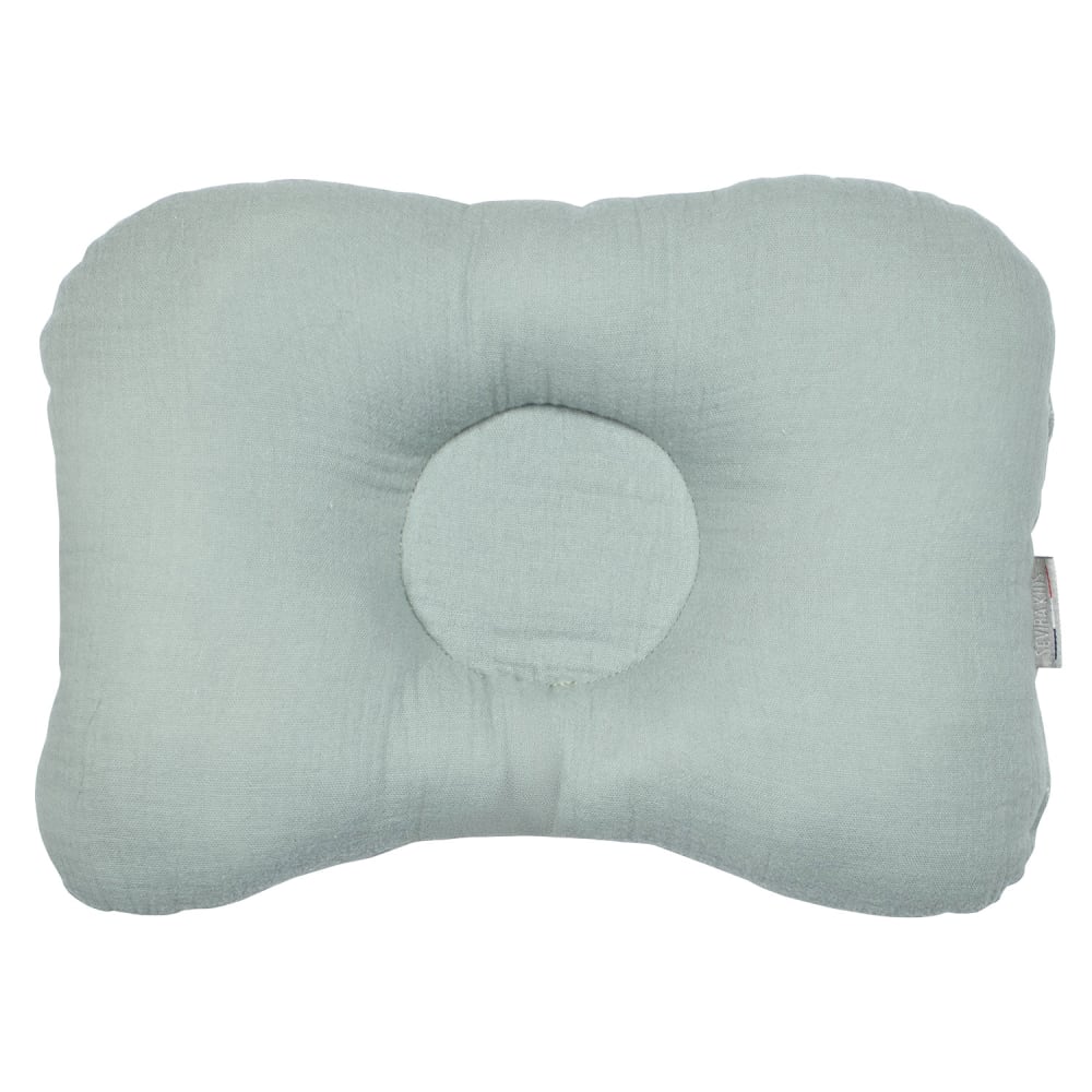 Coussin cale tête bébé en gaze de coton vert de gris 30x25 cm