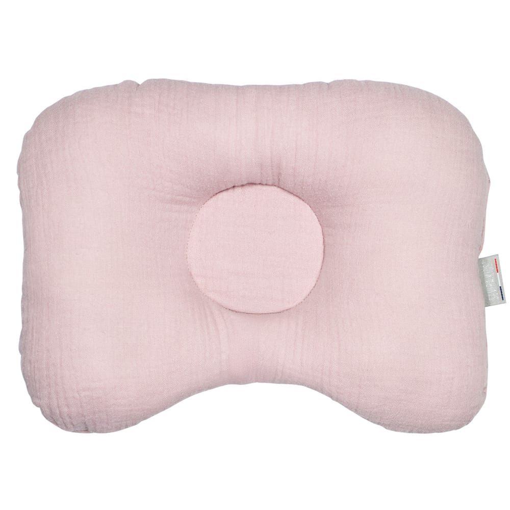 Coussin cale tête bébé en gaze de coton rose 30 cmx25 cm