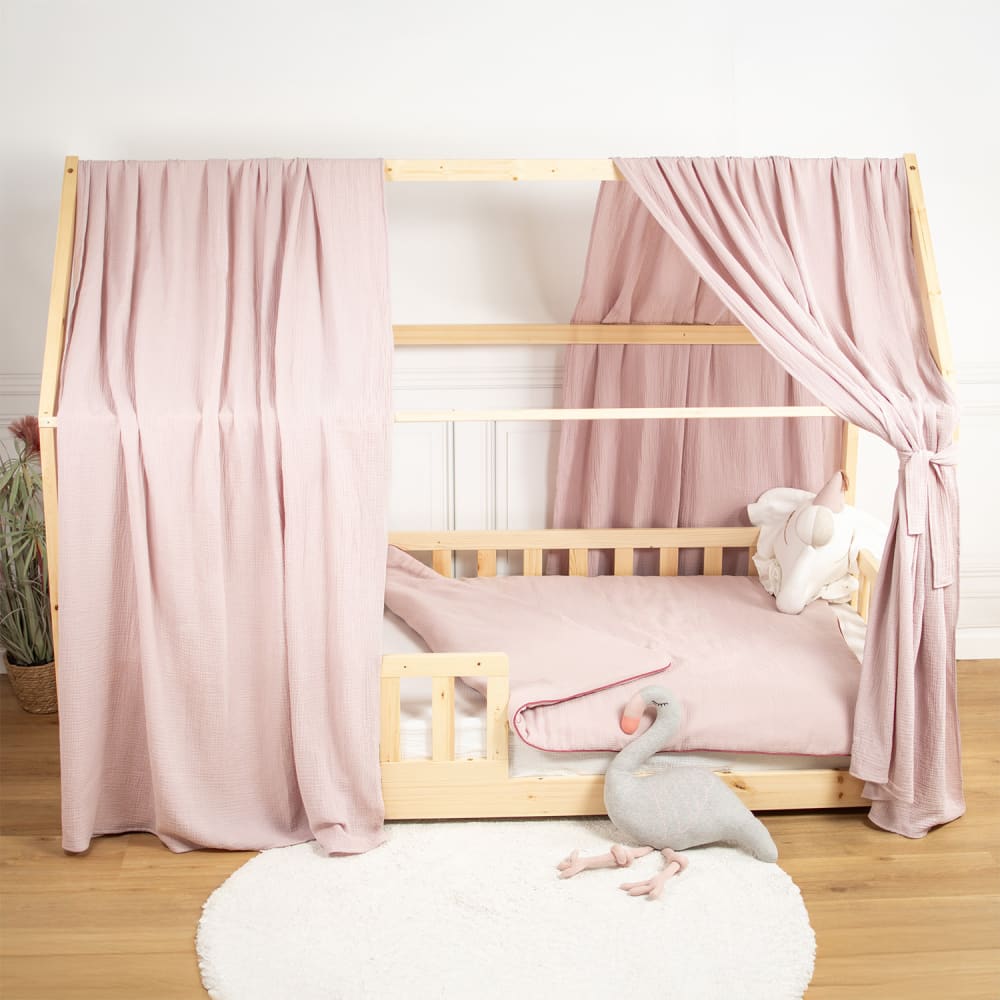 Ciel de lit cabane enfant gaze de coton rose 130x390 cm