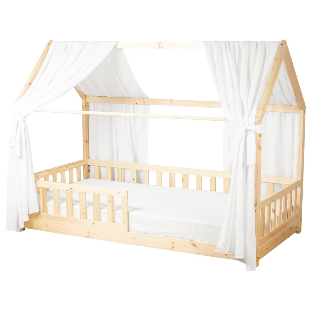 Double ciel de lit cabane enfant gaze de coton blanc 130x330 cm