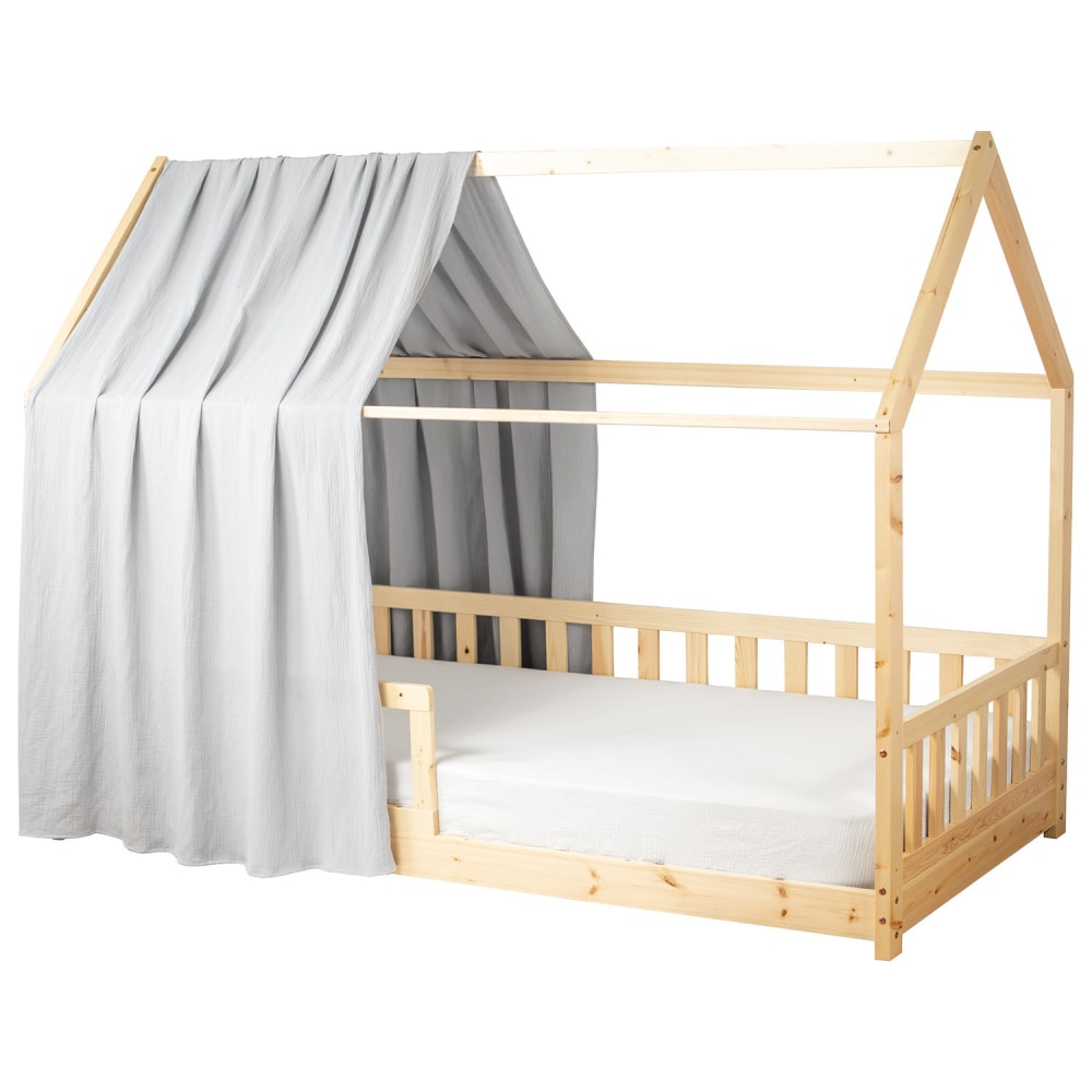Ciel de lit cabane enfant gaze de coton gris 130x360 cm