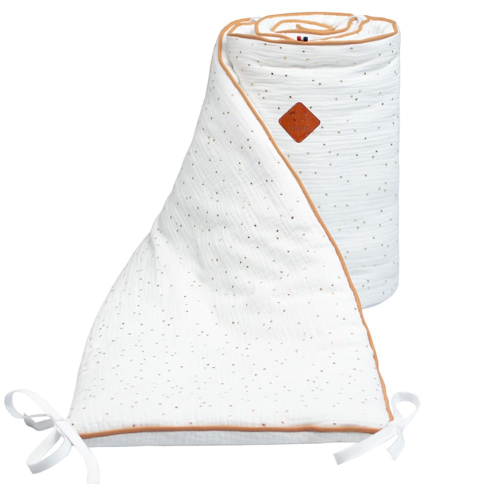 Tour de lit bébé universel  gaze de coton blanc à pois or 210x30 cm