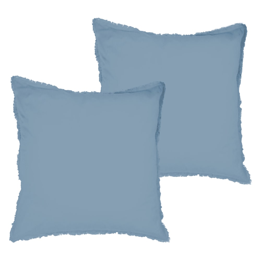 Set de 2 taies d'oreiller unies à franges Bleu orage 65x65cm