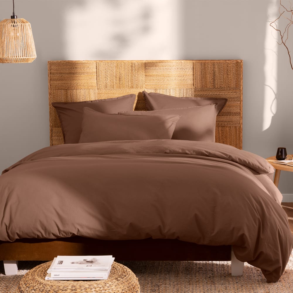 Parure de lit en coton lavé taies volant chocolat 240x220+2x65x65cm Parure de lit en coton lavé taies volant chocolat 240x220+2x65x65cm