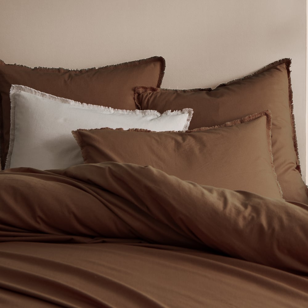 Parure de lit coton lavé taies à franges chocolat 240x220+2x65x65cm — vue 4