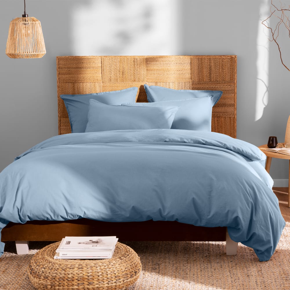 Parure de lit en coton lavé taies volant Bleu orage 260x240+2x65x65cm