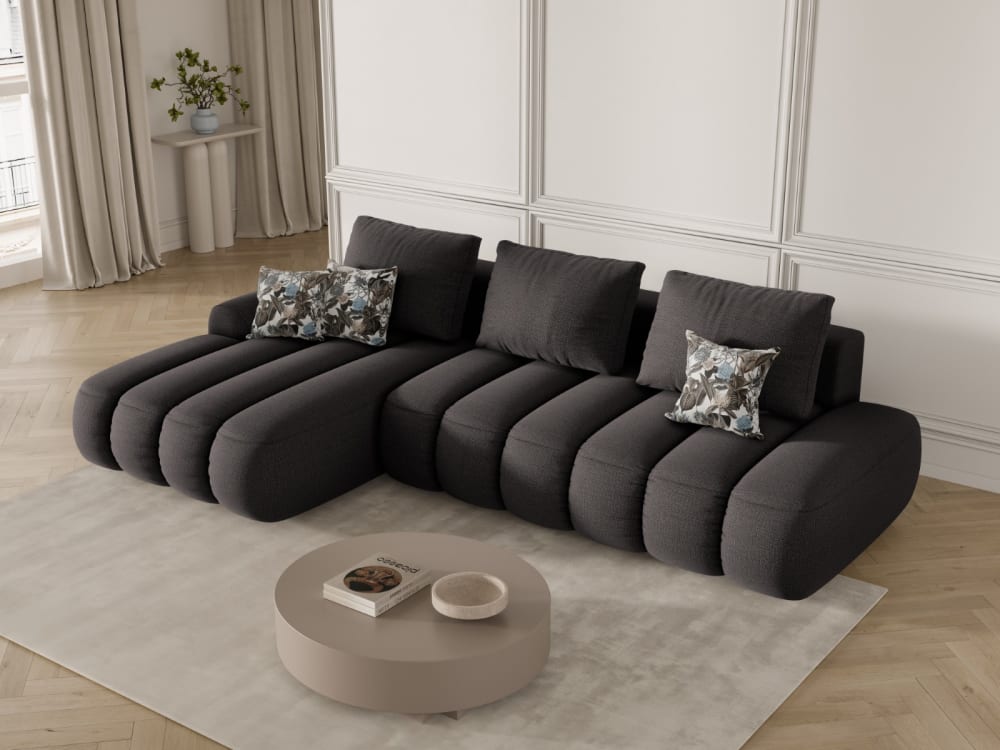 Canpé-lit d'angle gauche avec box 4 places tissu structurel gris foncé