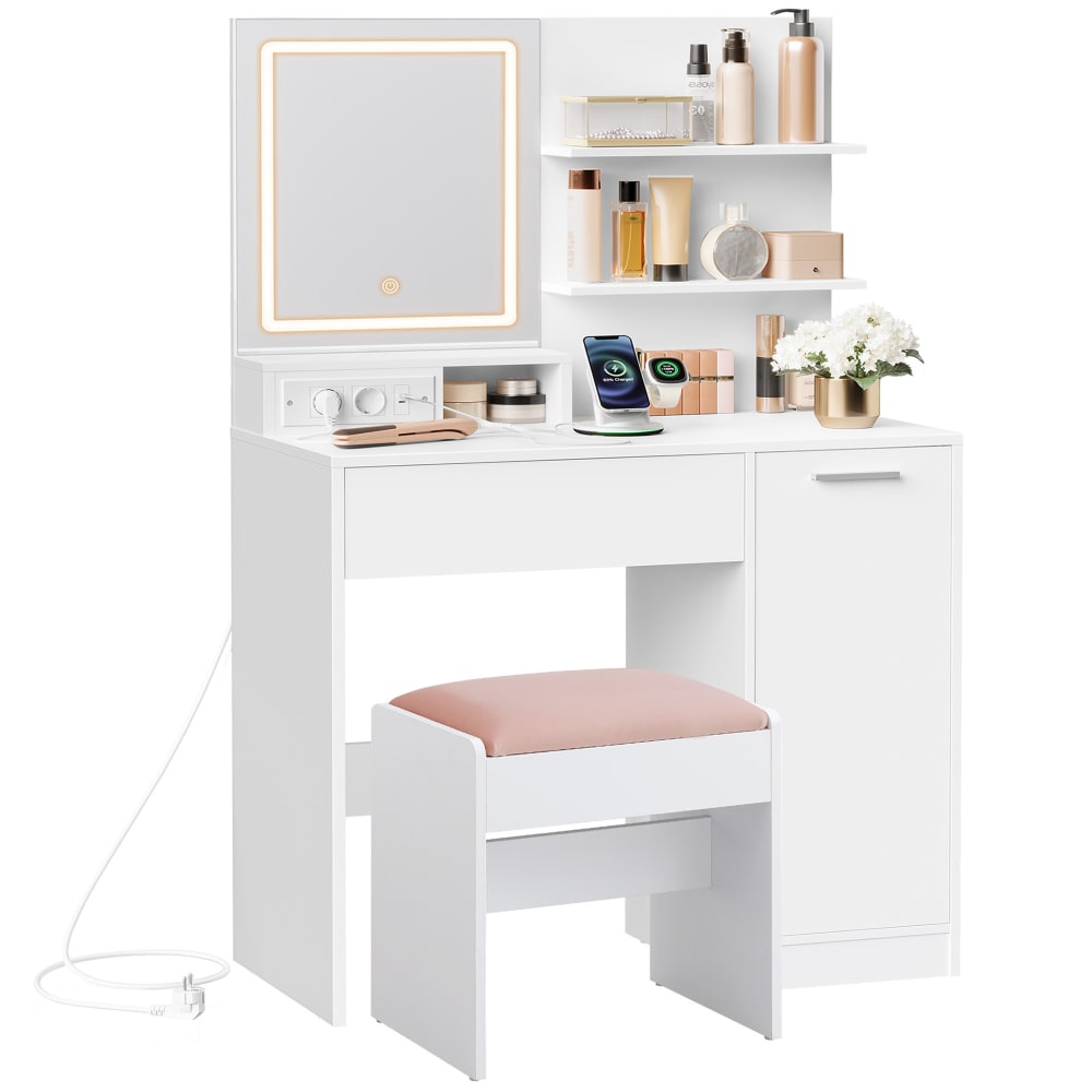 Coiffeuse avec tabouret avec 2 étagères réglables blanc