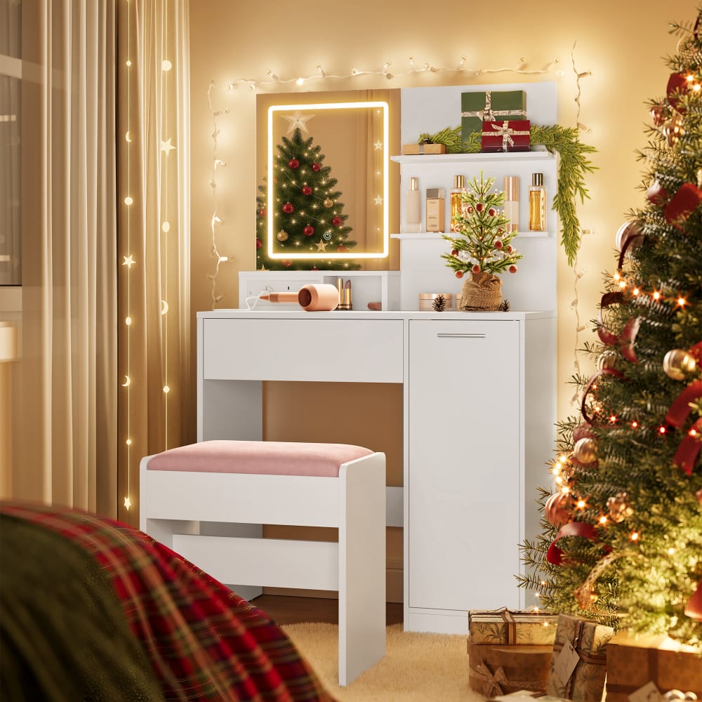 Coiffeuse avec tabouret avec 2 étagères réglables blanc