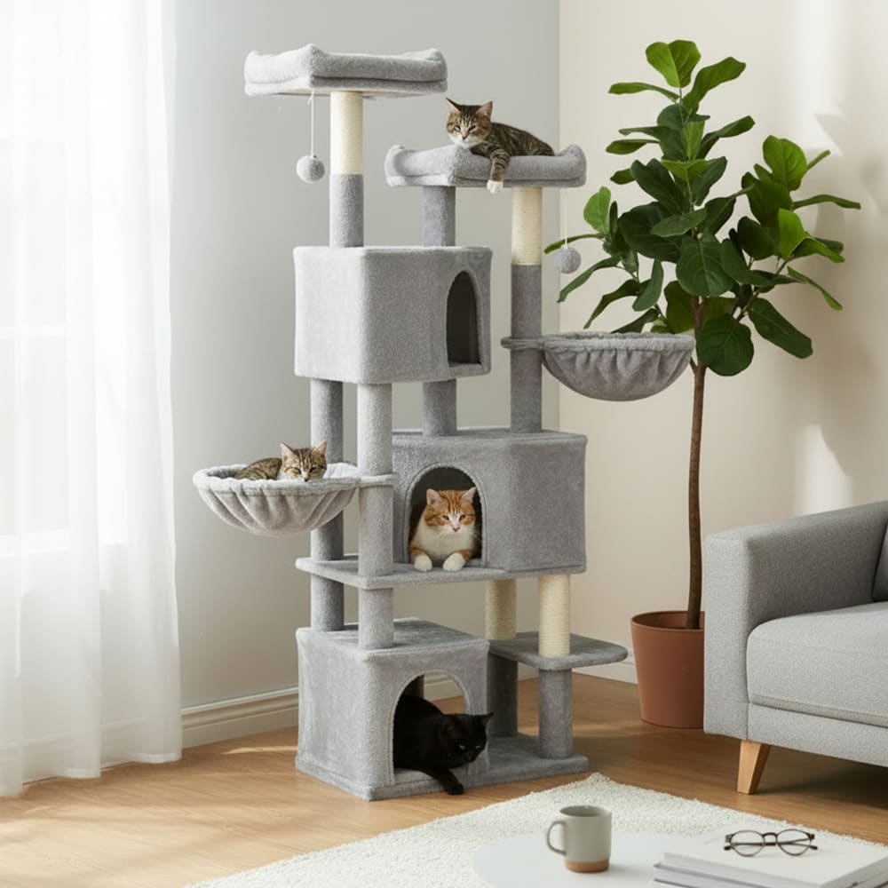Grand arbre à chat l avec hamacs et poteau 164 cm gris