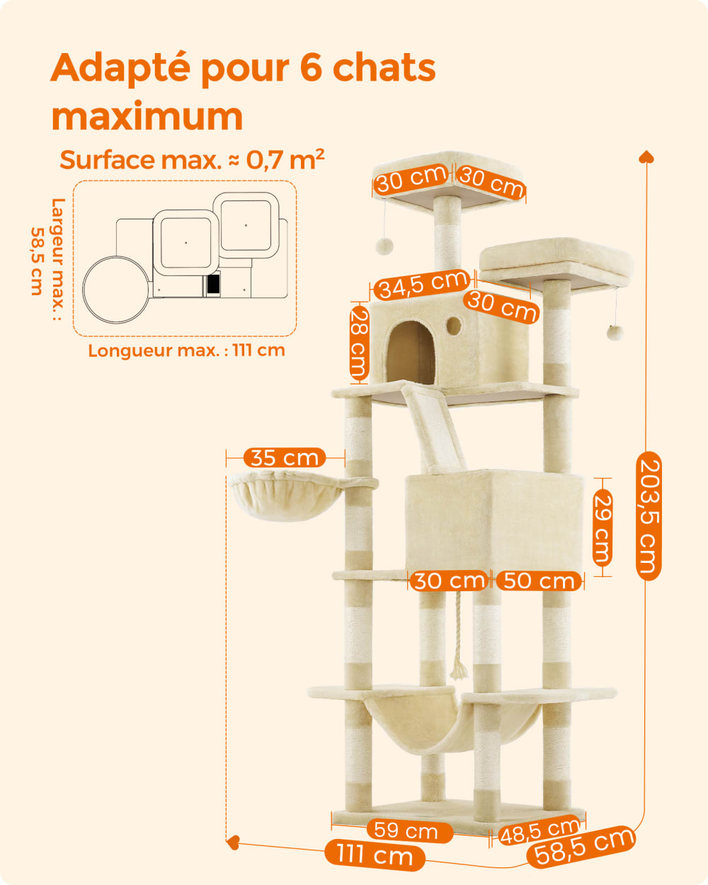 Arbre à chat avec 13 griffoirs 2 plate-forme 2 niches beige