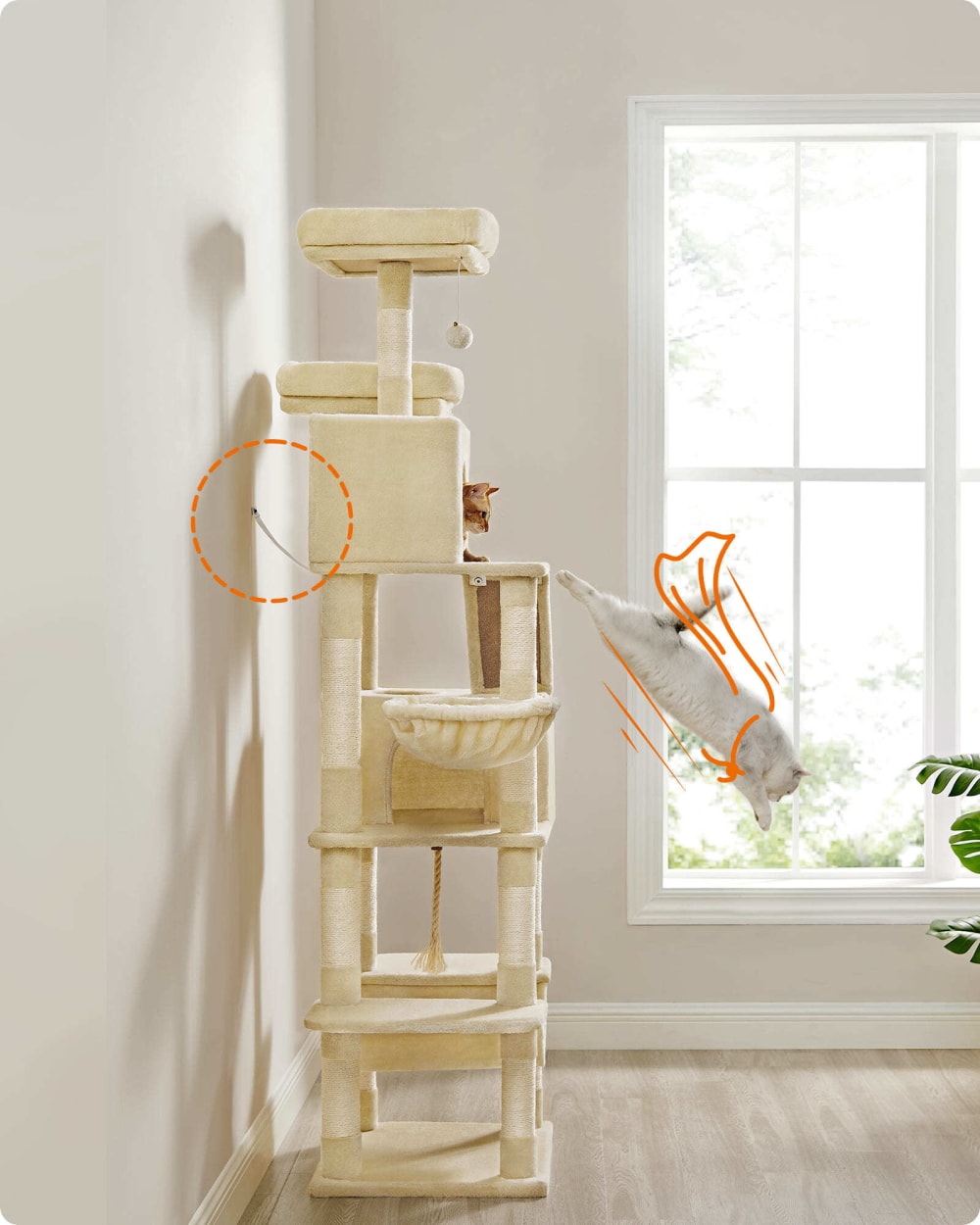 Arbre à chat hauteur 206 cm multi-niveaux pour chat d'intérieur beige