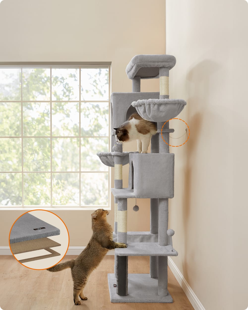 Arbre à chat 190,7 cm de haut multi-niveaux toilettage autonome gris