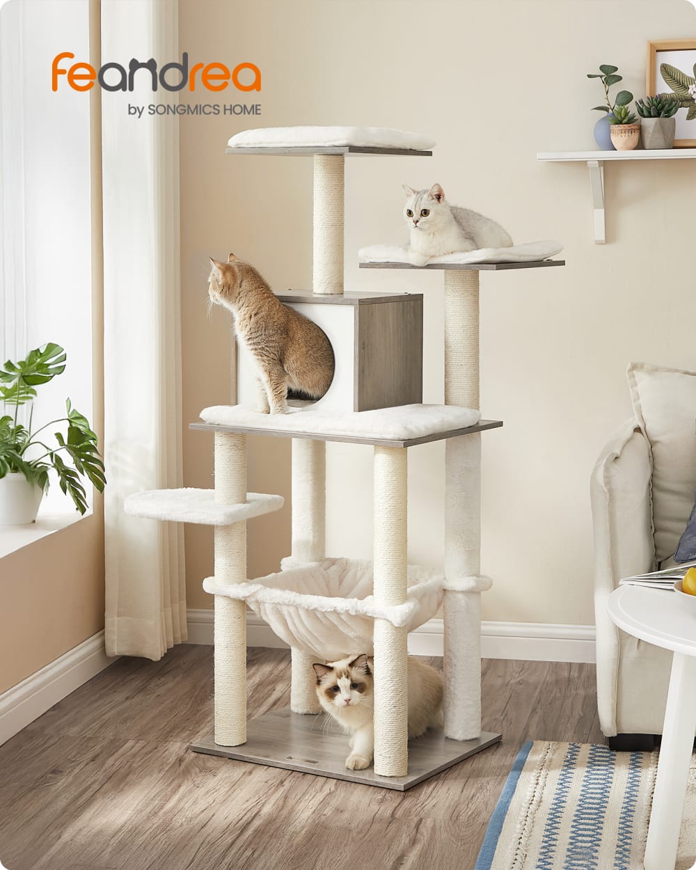 Arbre à chat moderne avec hamac en sisal grège chiné 55 x 45 x 138 cm