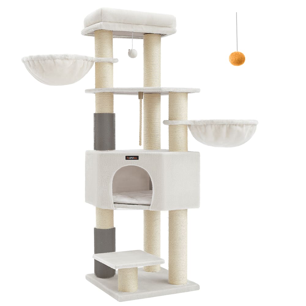 Arbre à chat grand avec tapis chaud 50 x 50 x 160 cm, blanc et beige