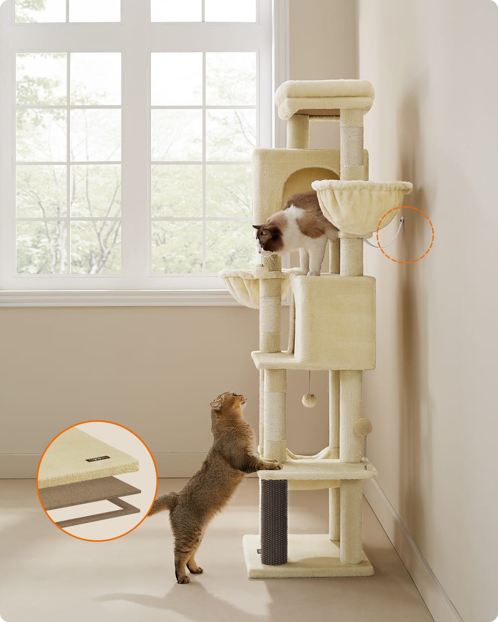 Grand arbre à chat 175 cm de haut toilettage autonome perchoir beige