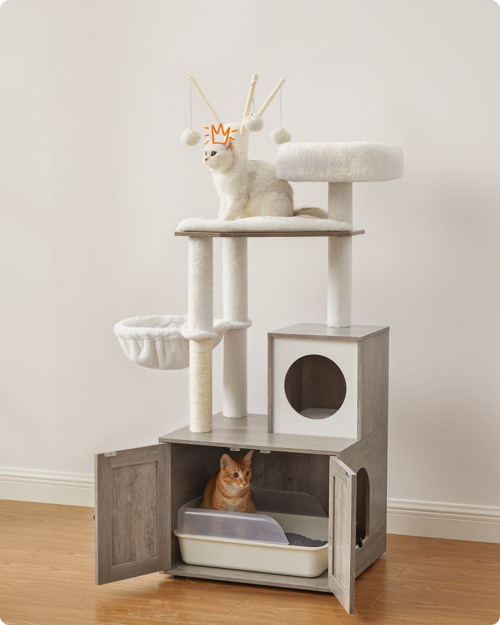 Arbre à chat avec maison de toilettes griffoirs hauteur 140 cm grège