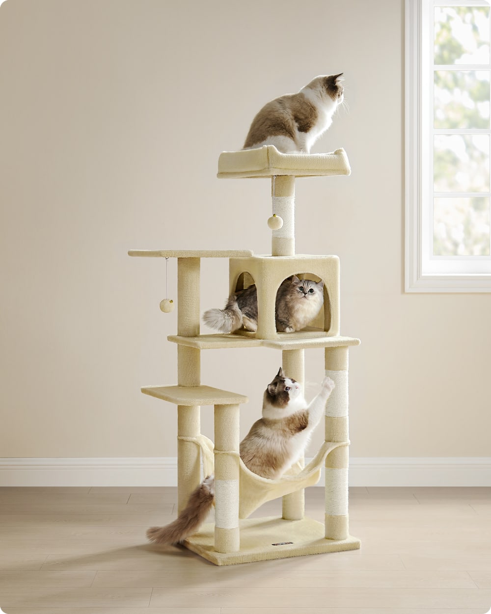 Arbre à chat hauteur 143 cm tour de jeux multi-niveaux beige