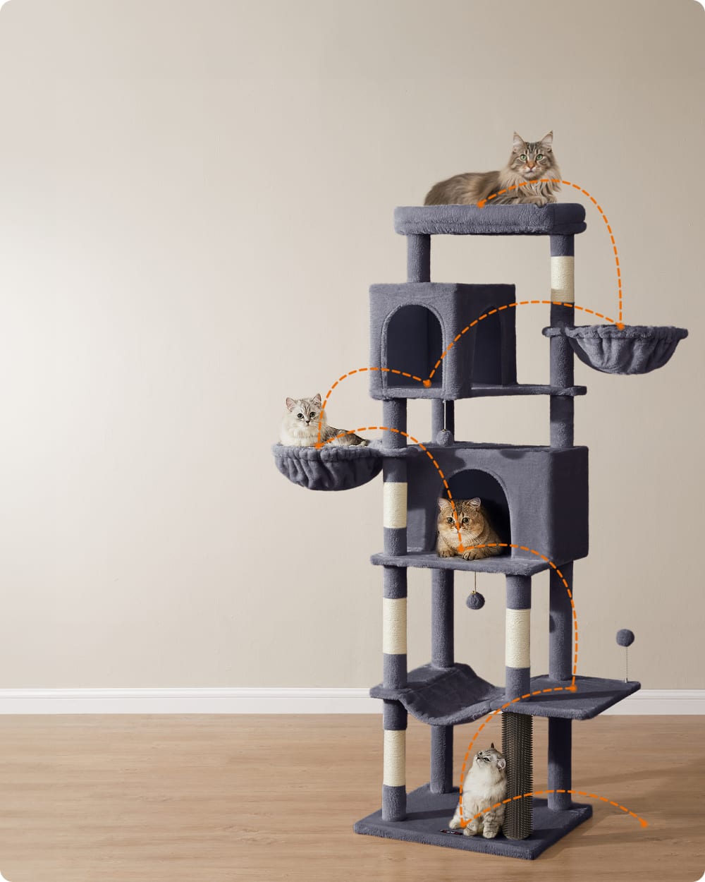 Grand arbre à chat de 190,7 cm de haut toilettage autonome gris foncé