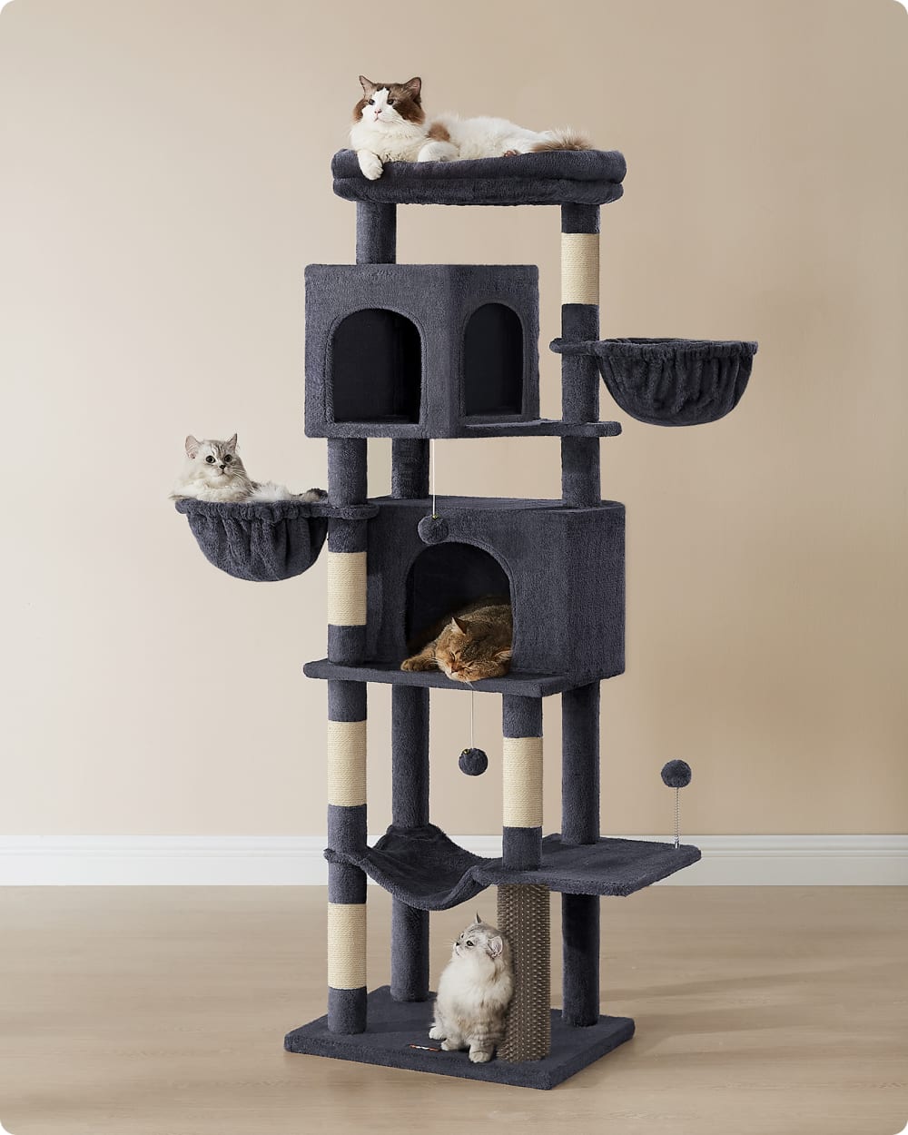 Grand arbre à chat de 175 cm de haut toilettage autonome gris foncé