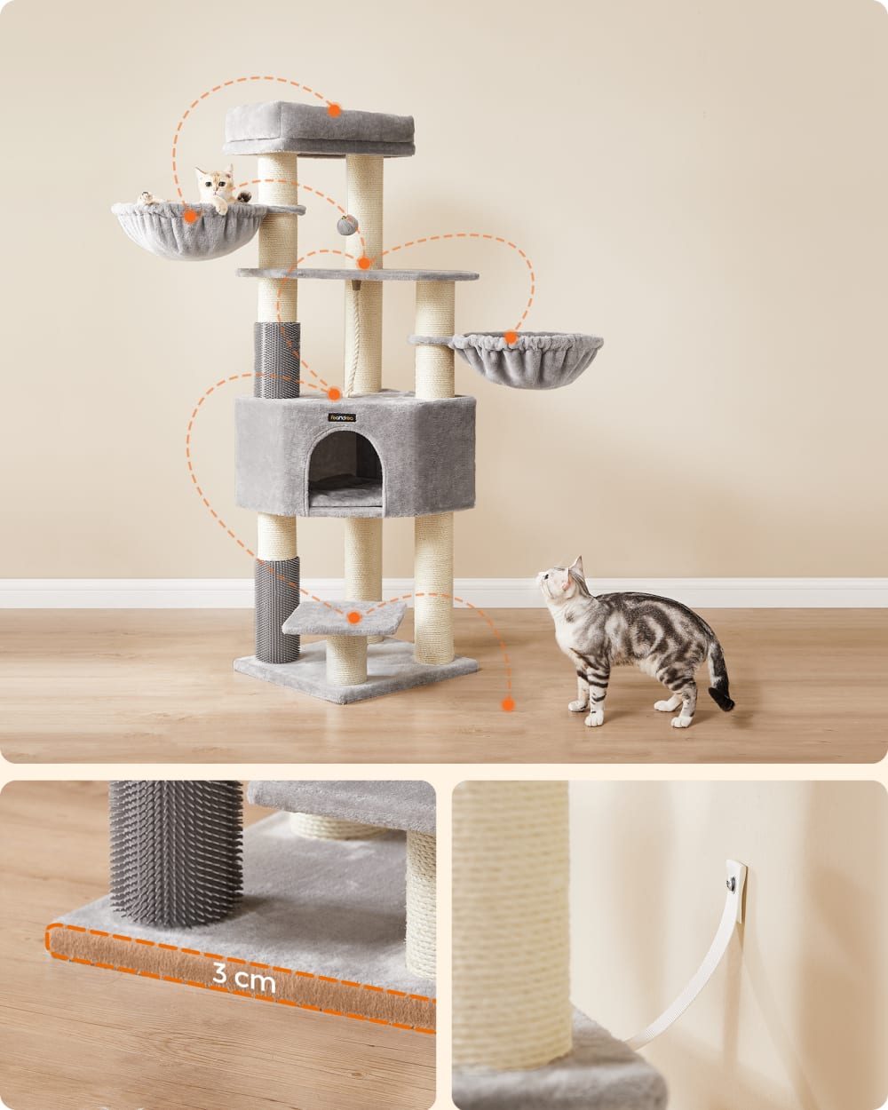 Arbre à chat grand  avec tapis chaud 50 x 50 x 160 cm, gris et blanc