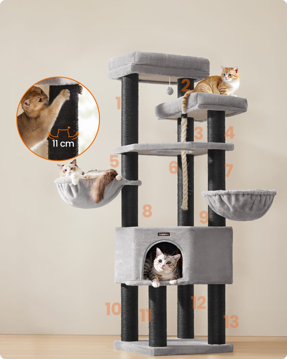 Feandrea grand arbre à chat xxl 55 x 55 x 186,7 cm gris et noir