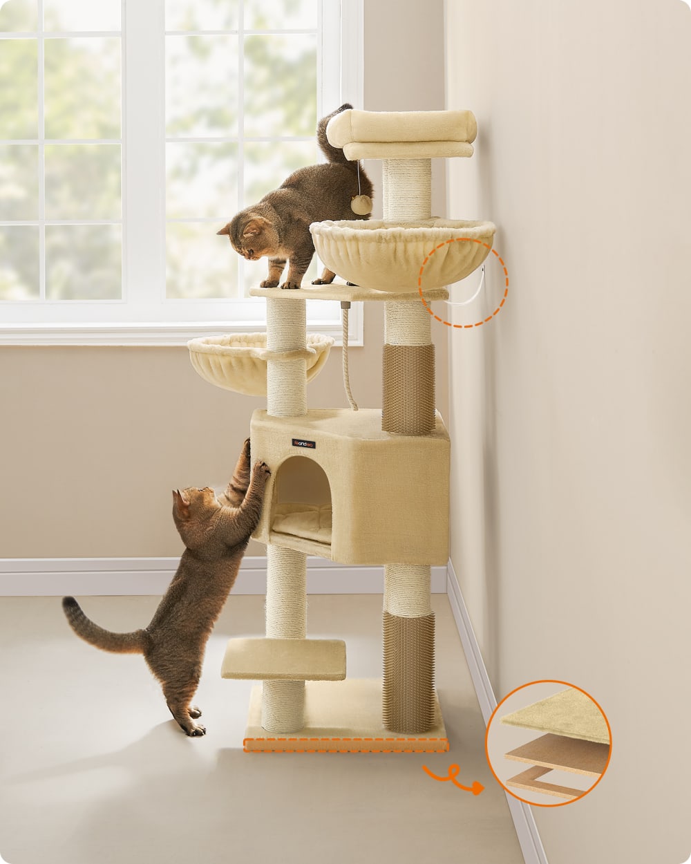 Arbre à chat grand et stable avec tapis chaud 50 x 50 x 160 cm beige