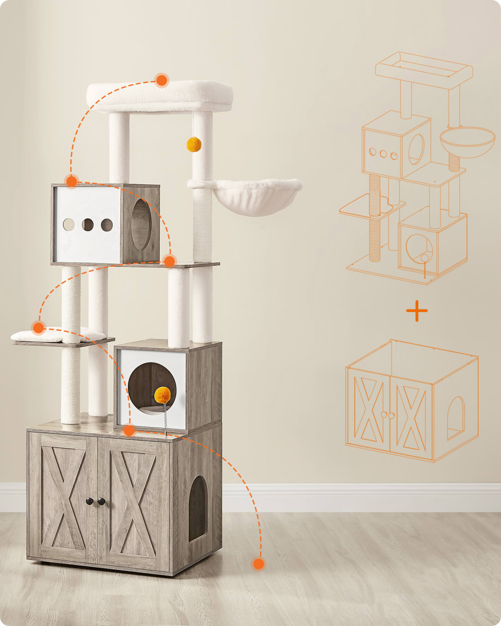 Arbre à chat moderne avec cache-litière 185 cm tapis lavables grège